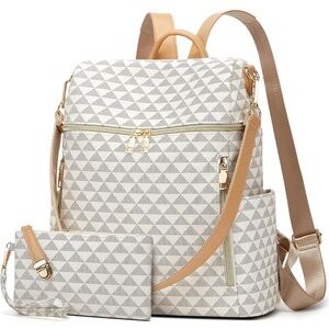 Elegant Geometric Cream and Tan Backpack Set